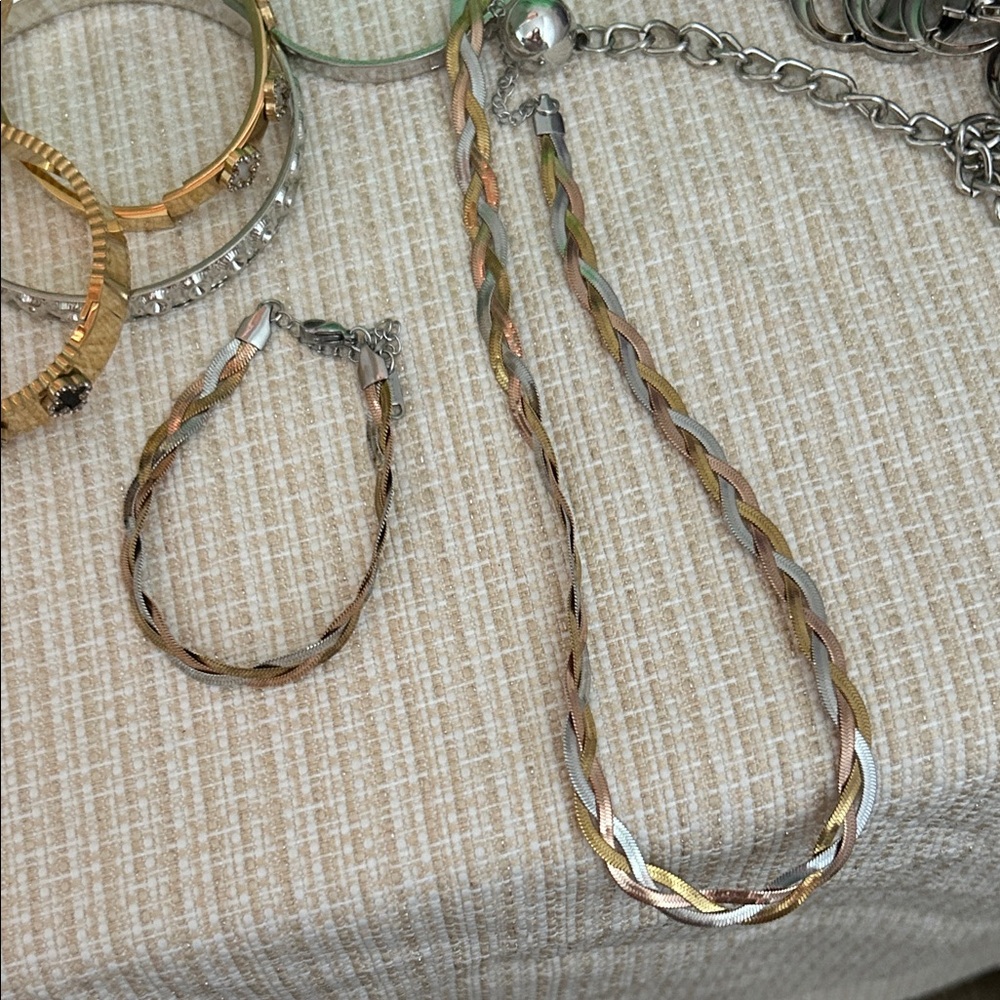 Braided Gold and Silver Necklace and Bracelet Set